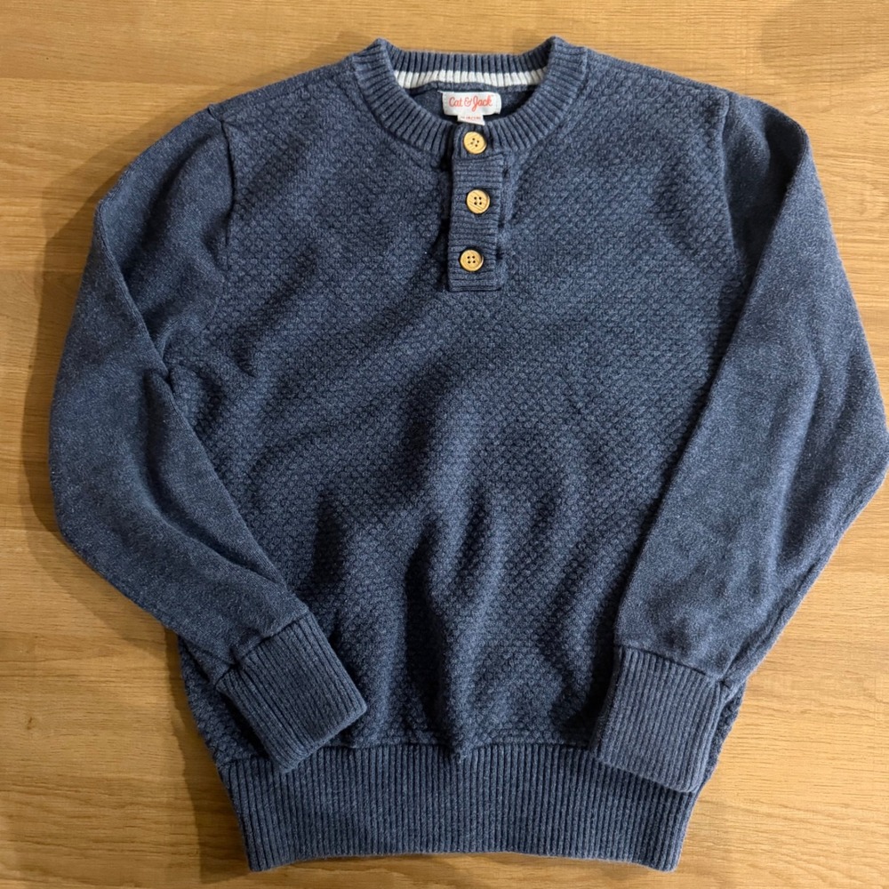 Cat & Jack Boys Navy Blue Henley Sweater 100% Cotton Knit Size M 8/10